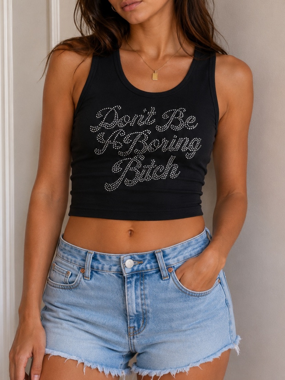 STRASS SLOGAN CROP TOP SIZE SMALL BLACK